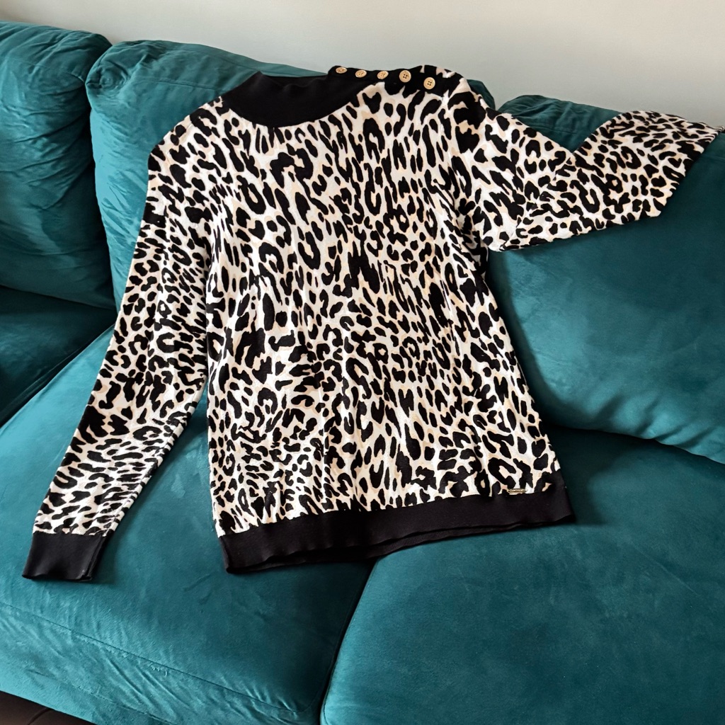 Calvin Klein Leopard Print Mock Turtleneck Gold Button Shoulder Size M